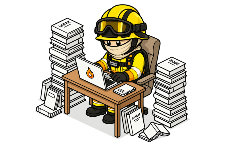Mascota bombero forestal estudiando