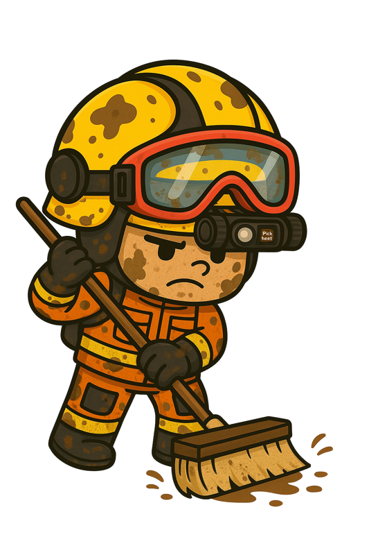 Mascota bombero retirando escombros