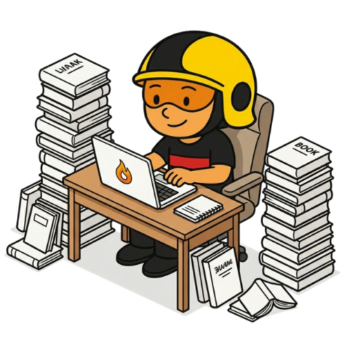 Mascota bombero estudiando