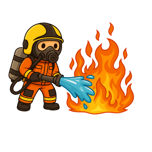 Mascota bombero apagando fuego